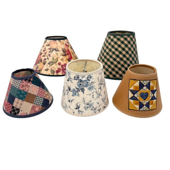 Other - LOT OF 5 VTG MINI CLIP-ON + LAMPSHADES FLORAL PATCHWORK ACCENT OR TABLE LAMPS